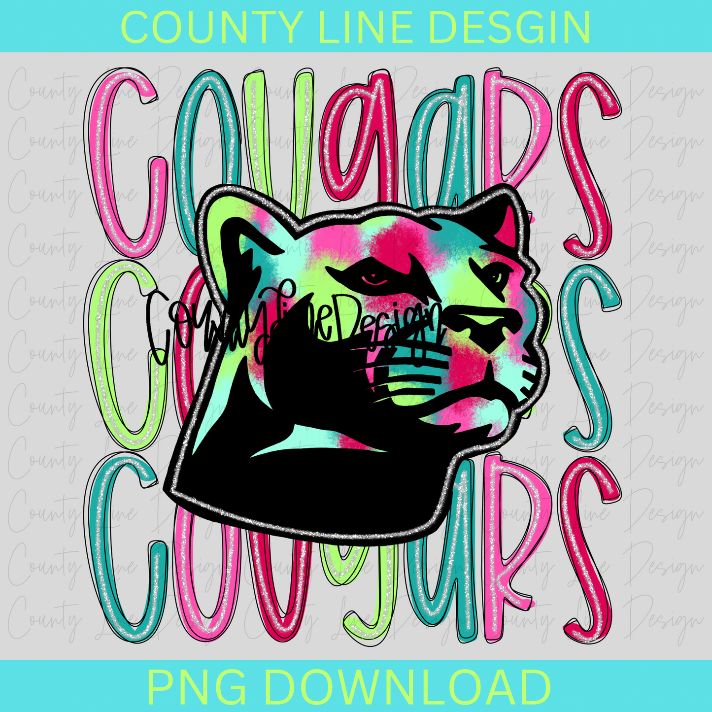 Cougars - Neon Silver Stacked Mascot PNG