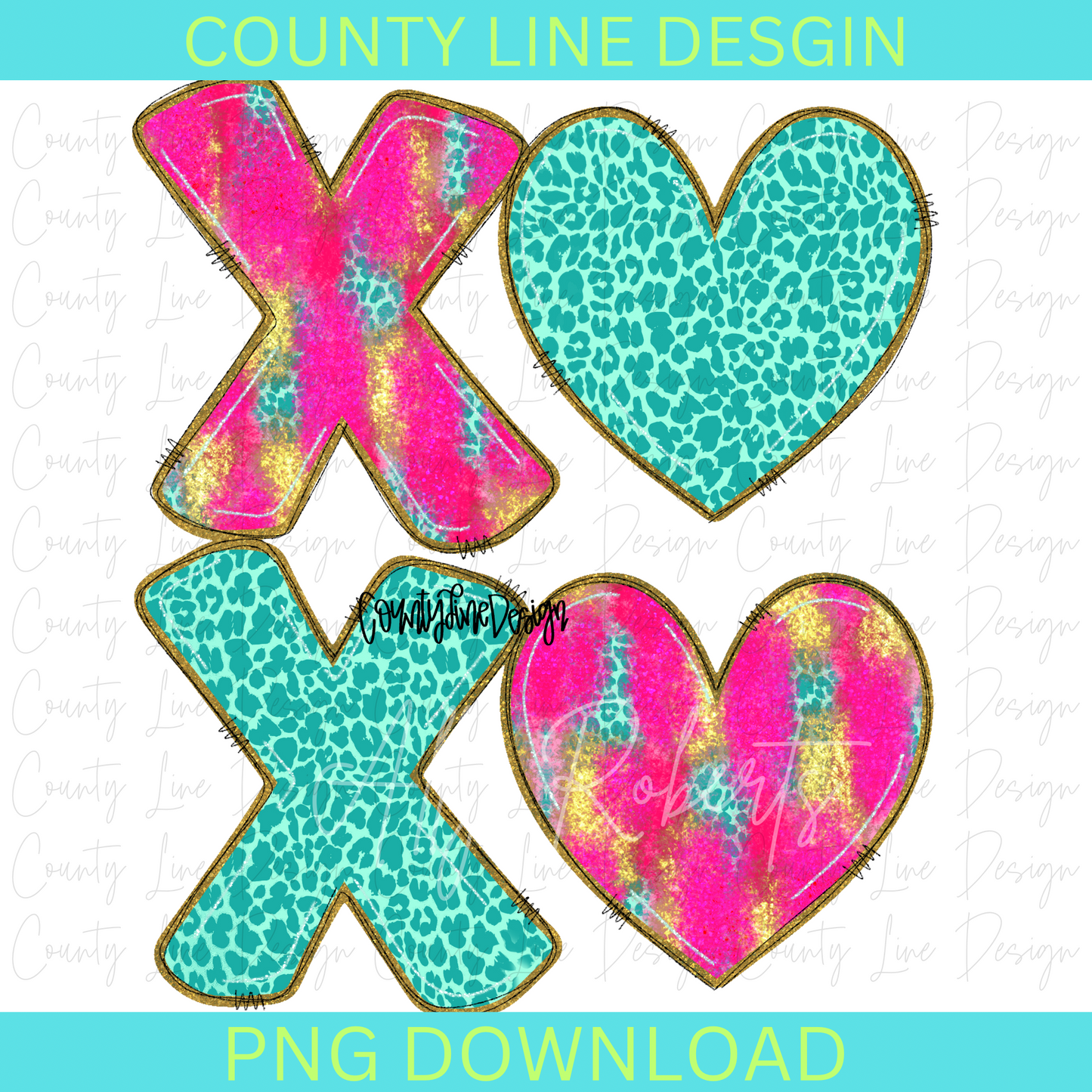 XOXO Pink/Teal Leopard PNG