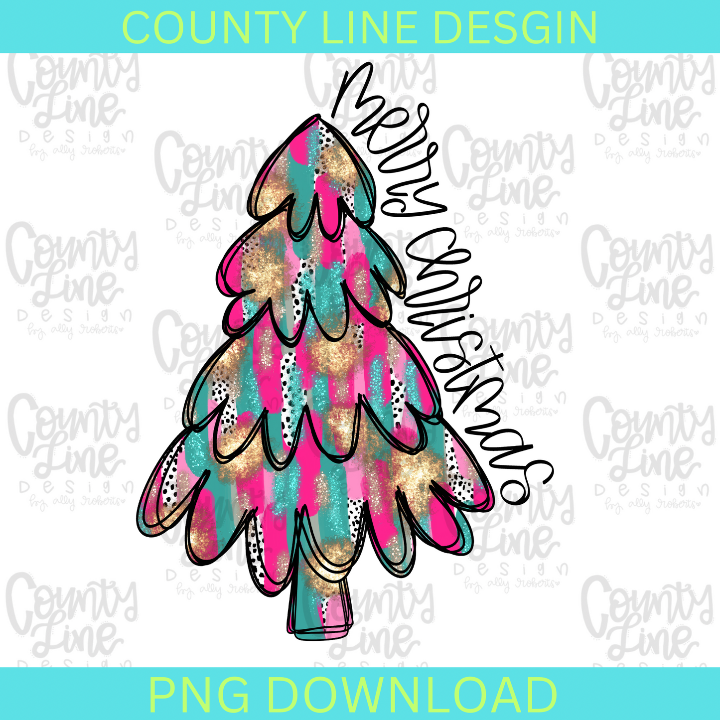 Merry Christmas Tree Pink/Teal PNG