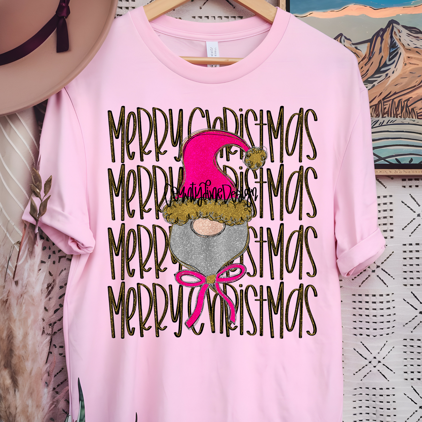 Gnome (Pink) Merry Christmas Stacked PNG