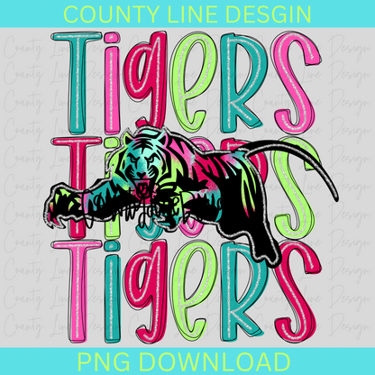 Tigers 1 - Neon Silver Stacked Mascot PNG